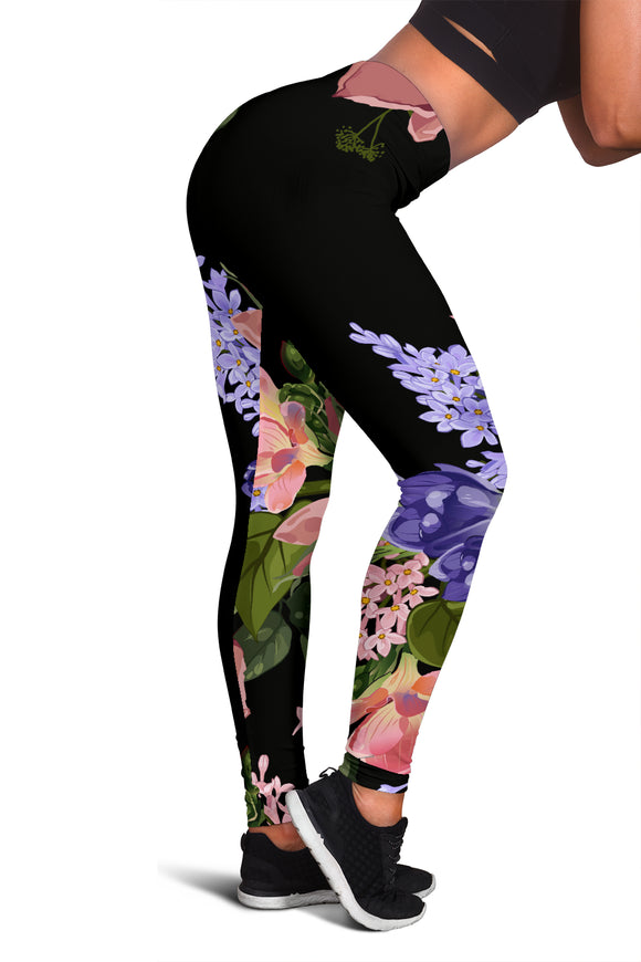 leggings - Lilac Roses / Black Leggings